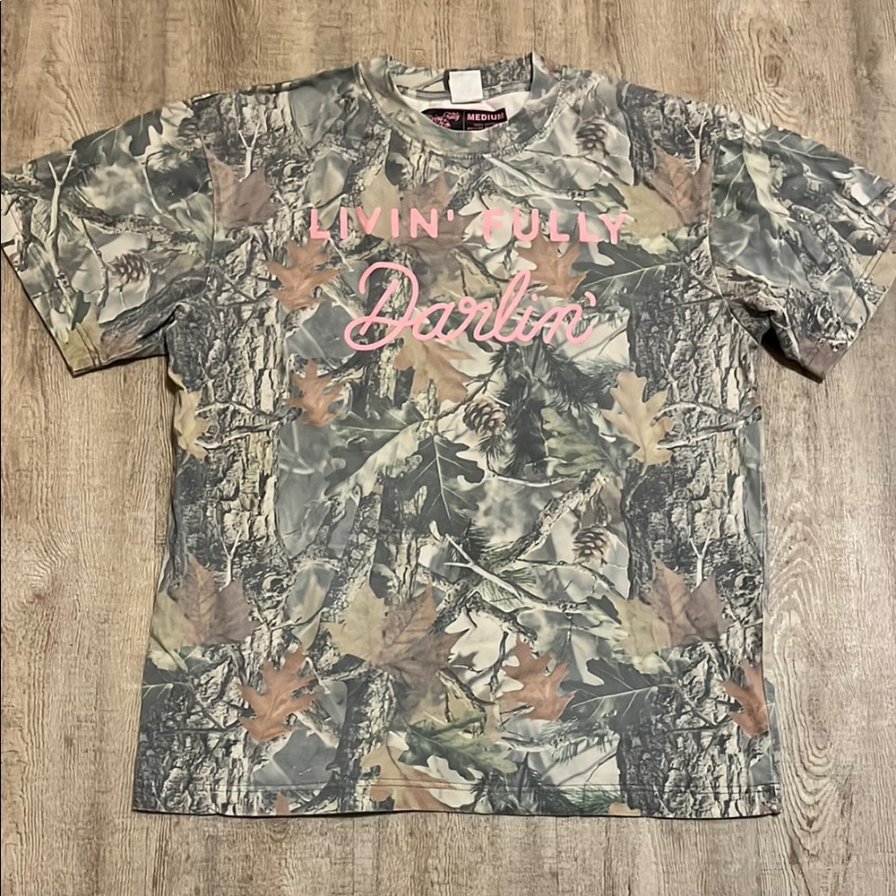 Camo Graphic Tee with Pink Text